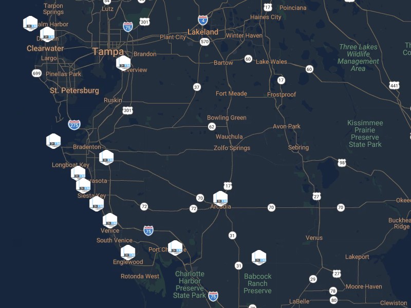Service area map showing Sarasota, Bradenton, Tampa, and surrounding Florida Gulf Coast garage floor coating locations